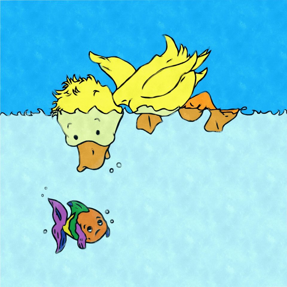 Original Watercolor Painting of Duck and Fish Digital Download