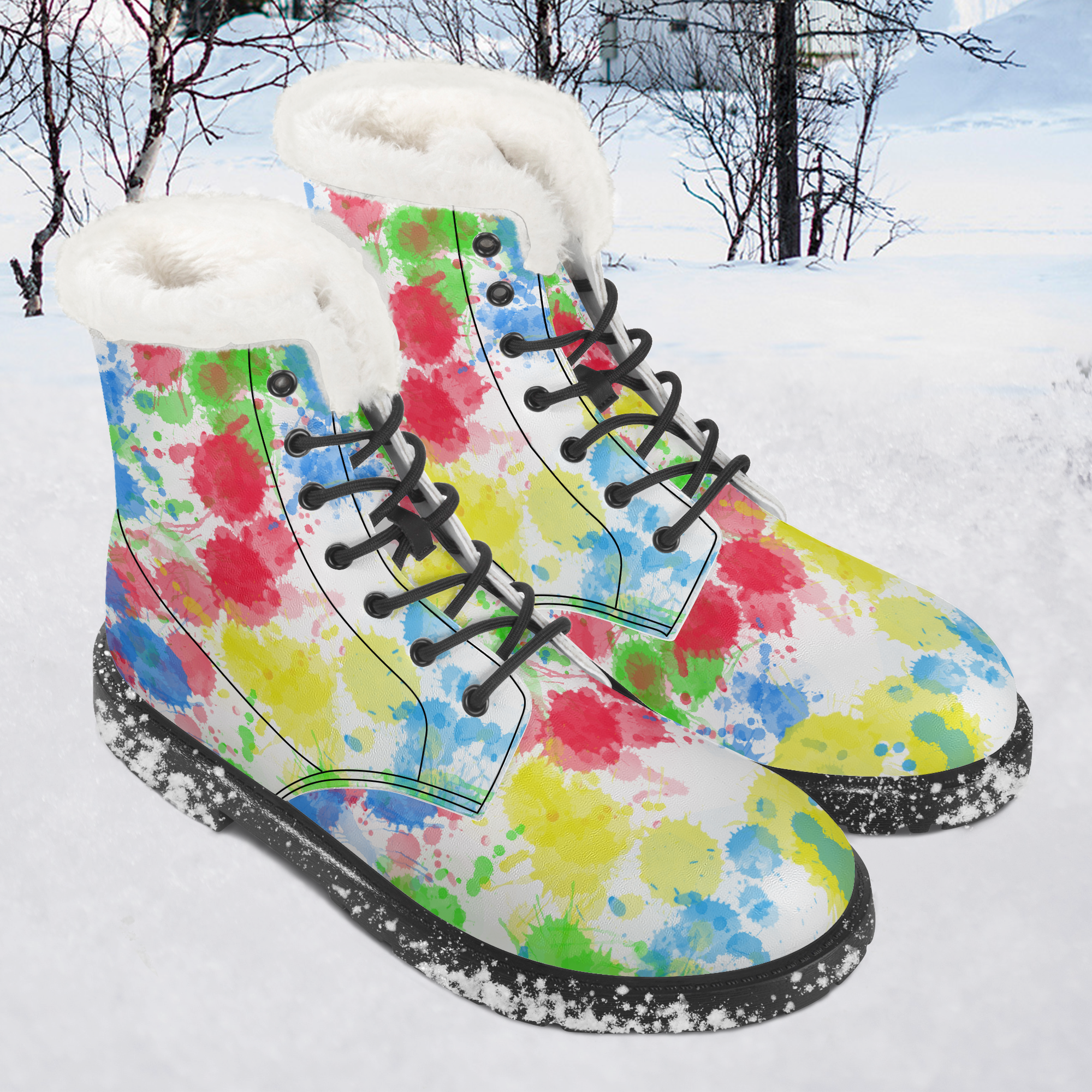 Splatter Paint Art Faux Fur Leather Boots