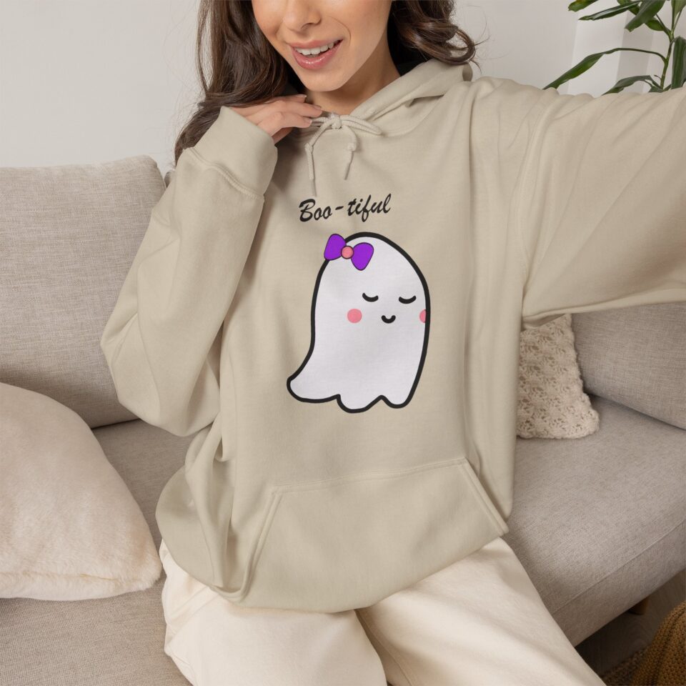 Cute Ghost Hoodie "Boo-tiful" – Halloween Unisex Pullover Hoodie for Your Fall Outfit